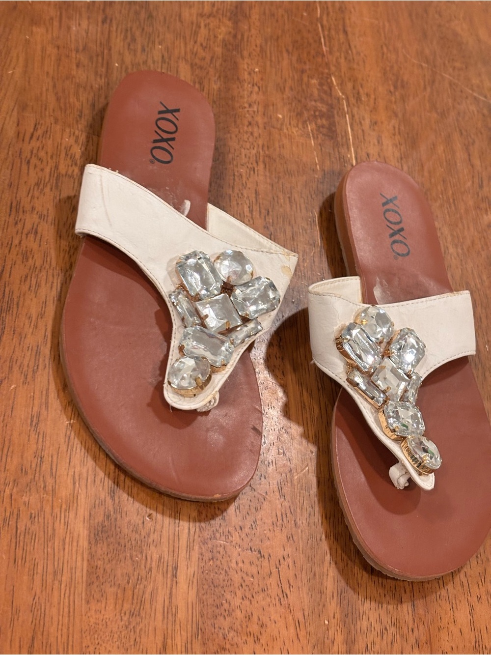 XOXO White Jeweled Thong Sandals